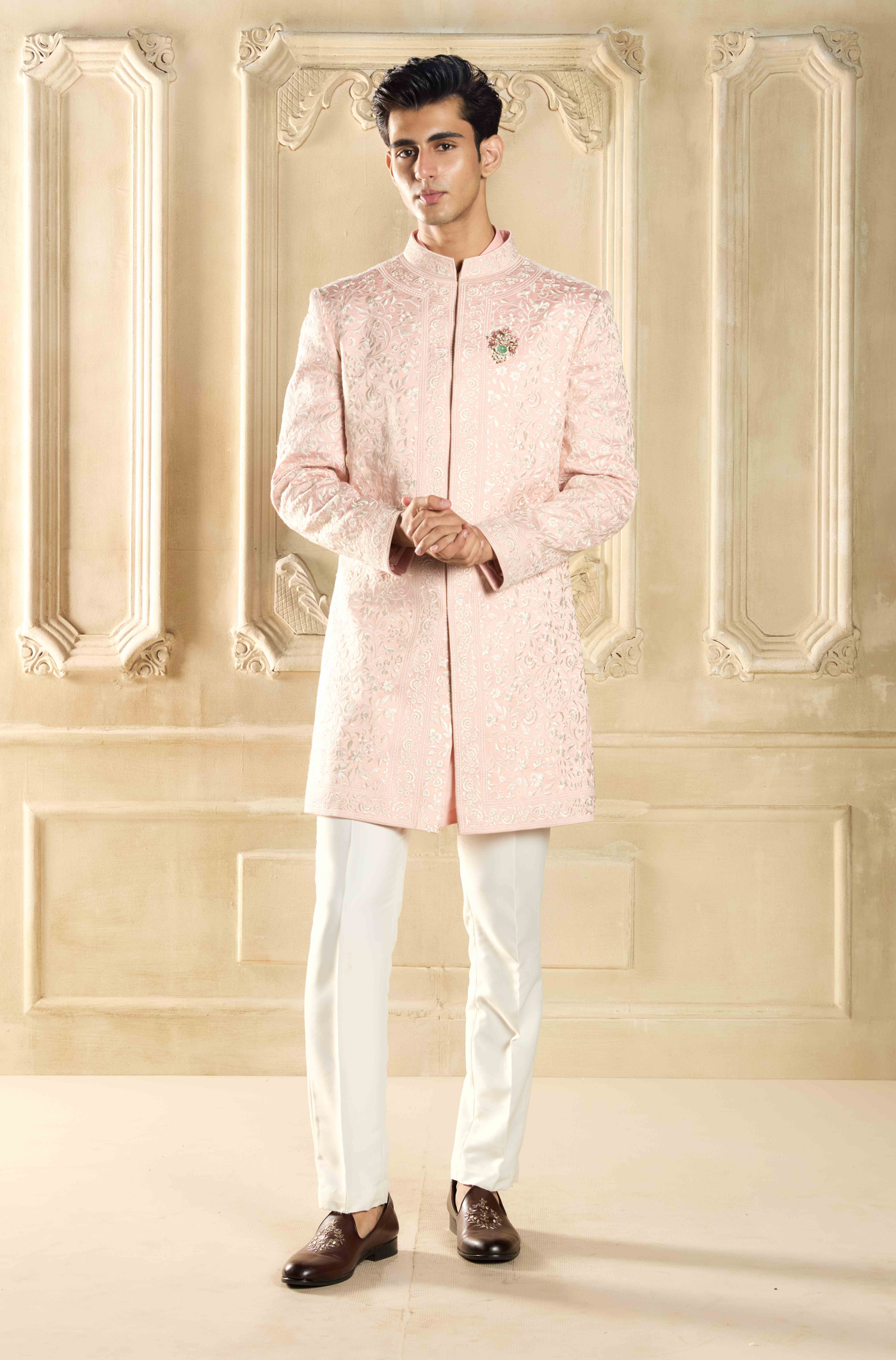 Blush Pink Resham Embroidered Sherwani Set