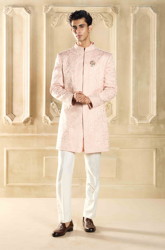 Blush Pink Resham Embroidered Sherwani Set