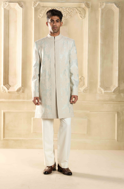 Powder Blue Dori Embroidered Silk Sherwani Set