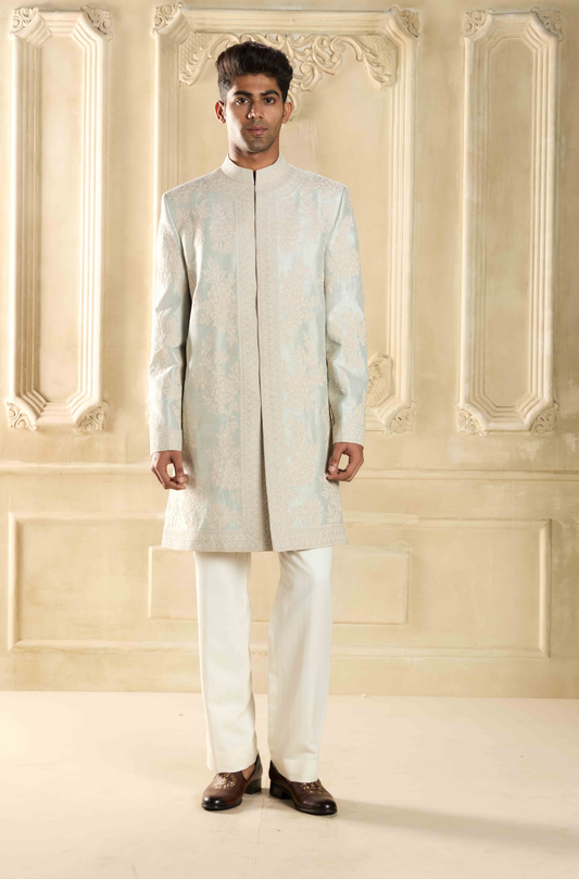 Powder Blue Dori Embroidered Silk Sherwani Set