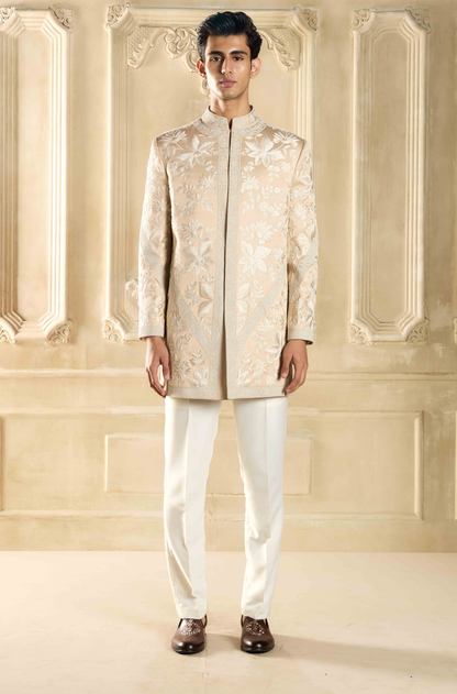 Beige Floral Resham Embroidered Sherwani Set