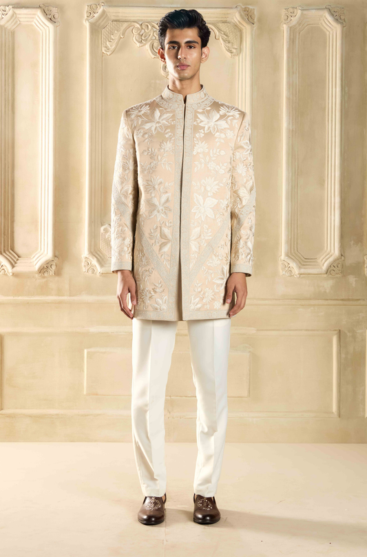 Beige Floral Resham Embroidered Sherwani Set