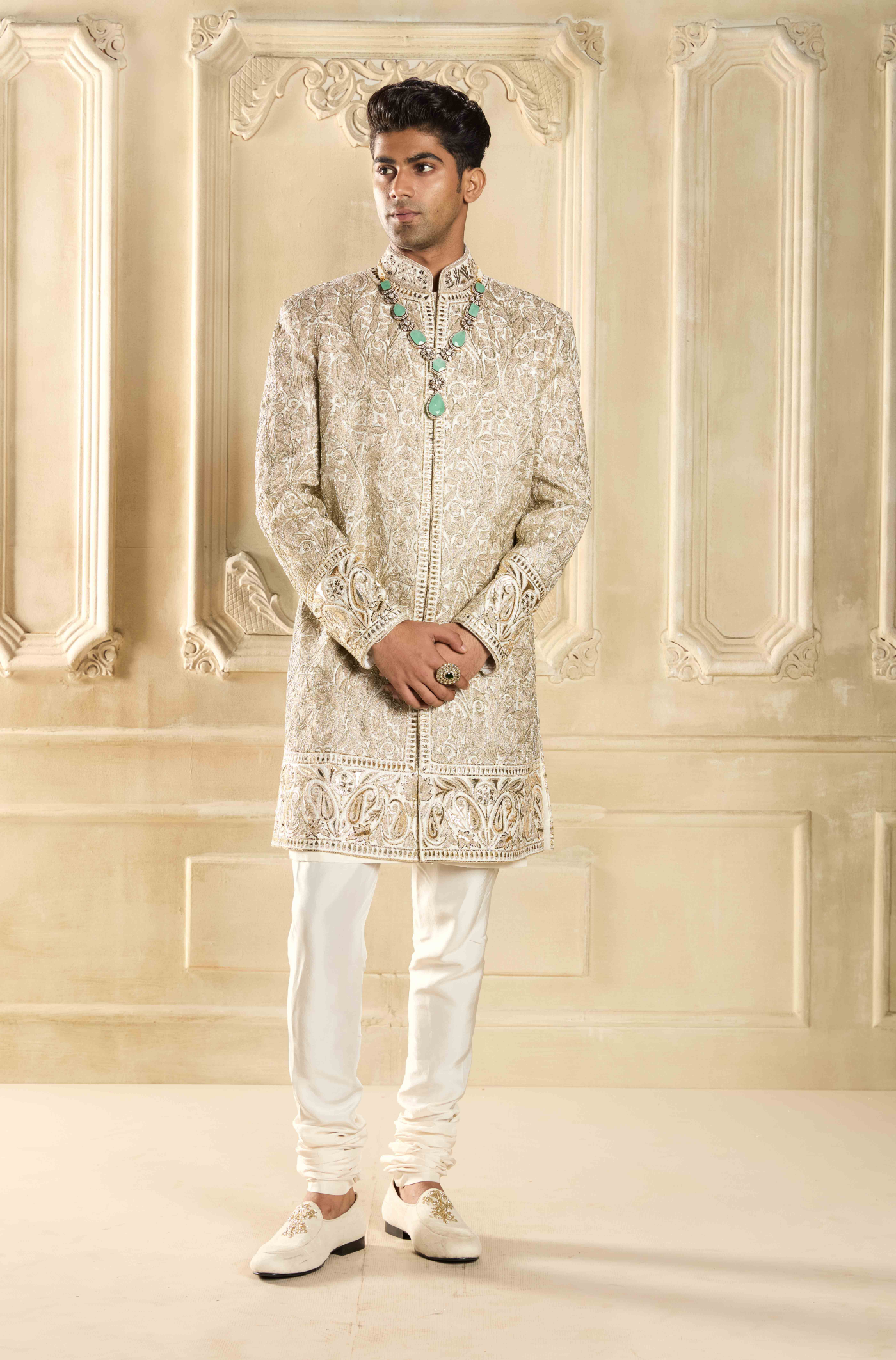 Ivory Embroidered Silk Sherwani Set
