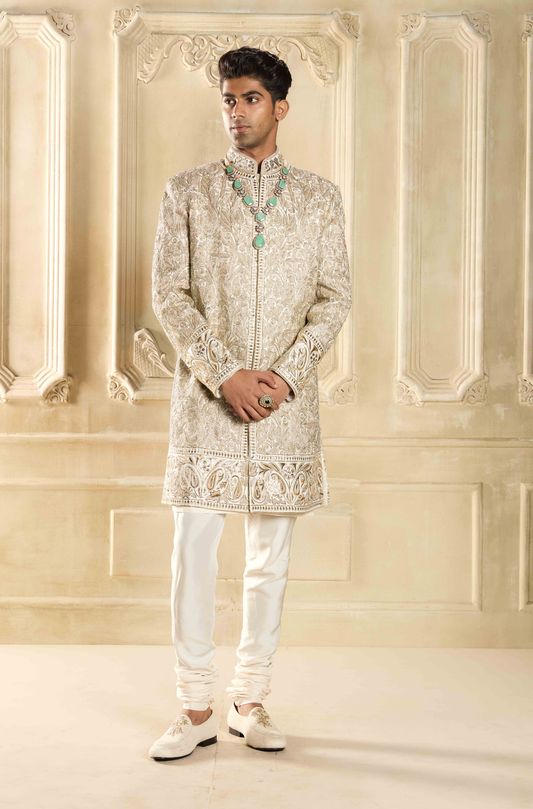 Ivory Embroidered Silk Sherwani Set