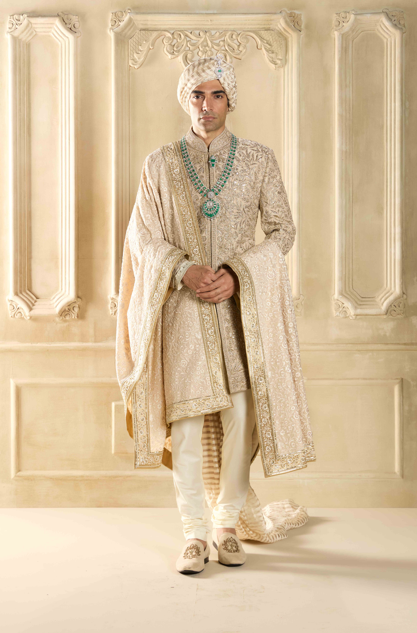 Ivory Embroidered Silk Sherwani Set