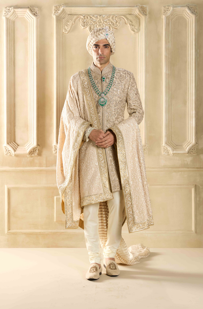 Ivory Embroidered Silk Sherwani Set