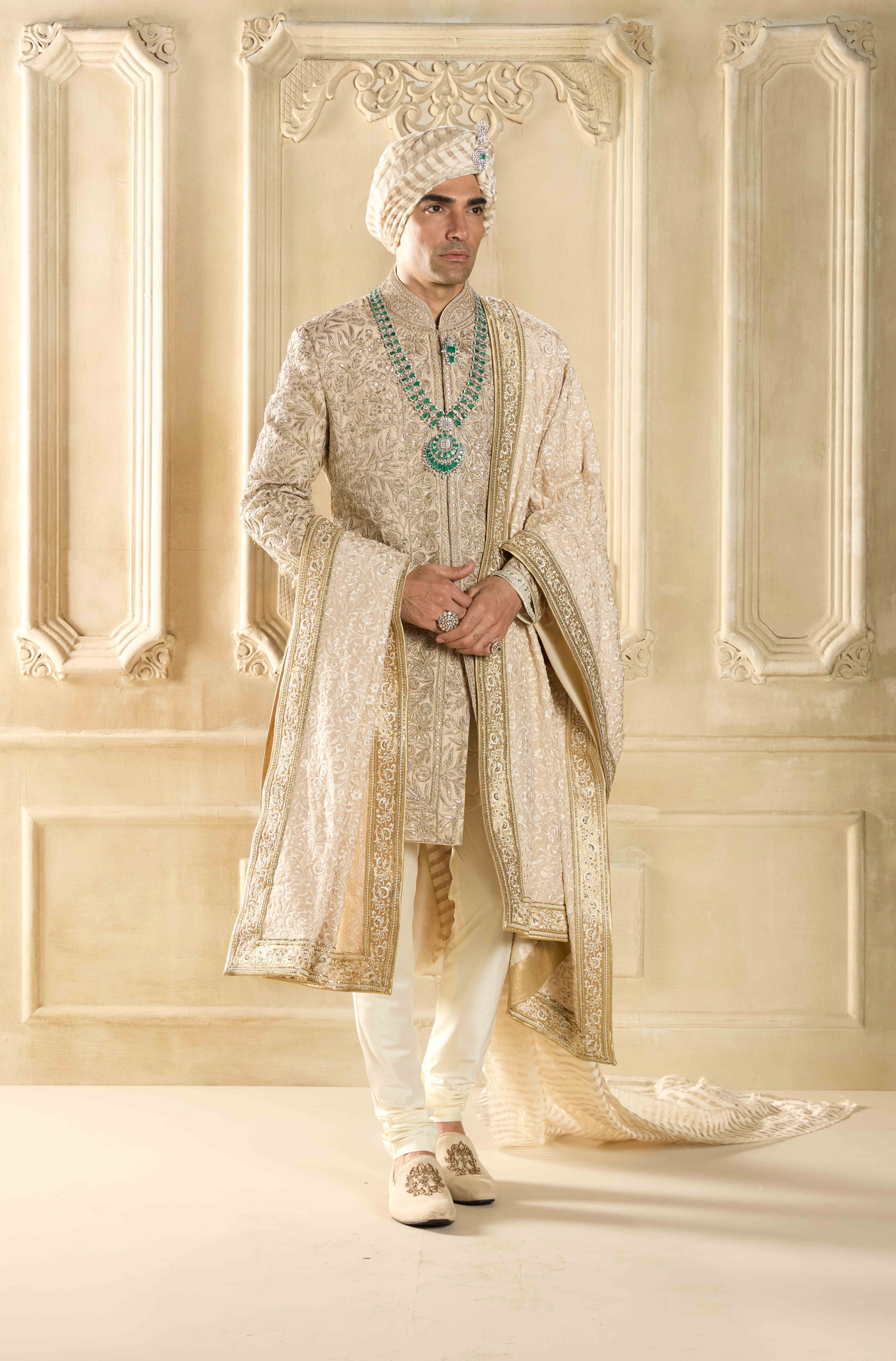 Ivory Embroidered Silk Sherwani Set