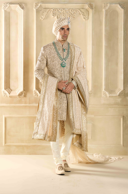Ivory Embroidered Silk Sherwani Set
