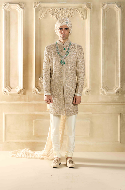 Ivory Embroidered Silk Sherwani Set