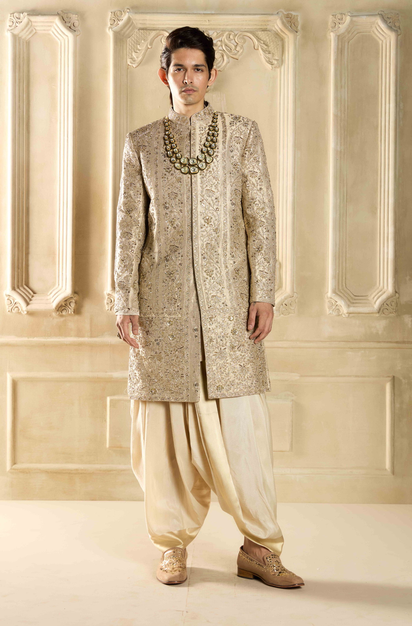 Gold Tissue Embroidered Sherwani Set