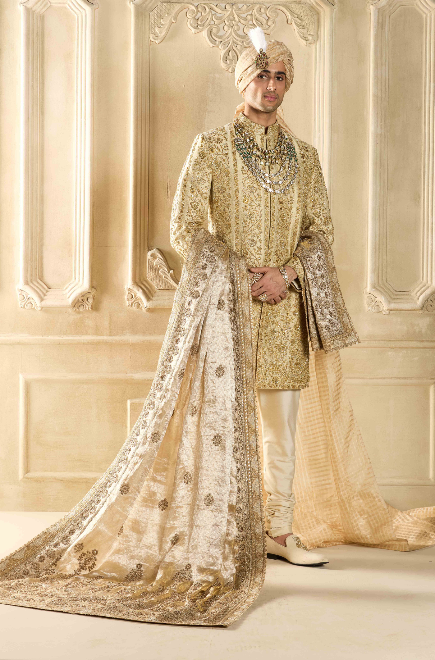 Light Gold Embroidered Brocade Sherwani Set