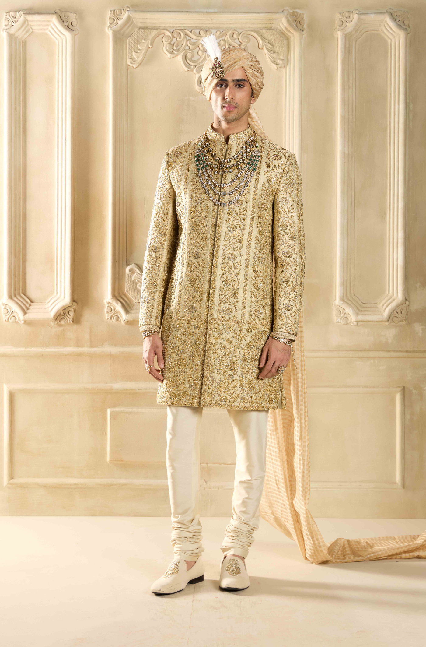 Light Gold Embroidered Brocade Sherwani Set
