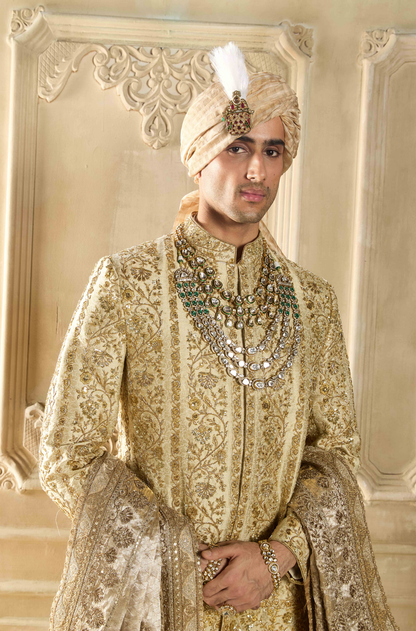Light Gold Embroidered Brocade Sherwani Set