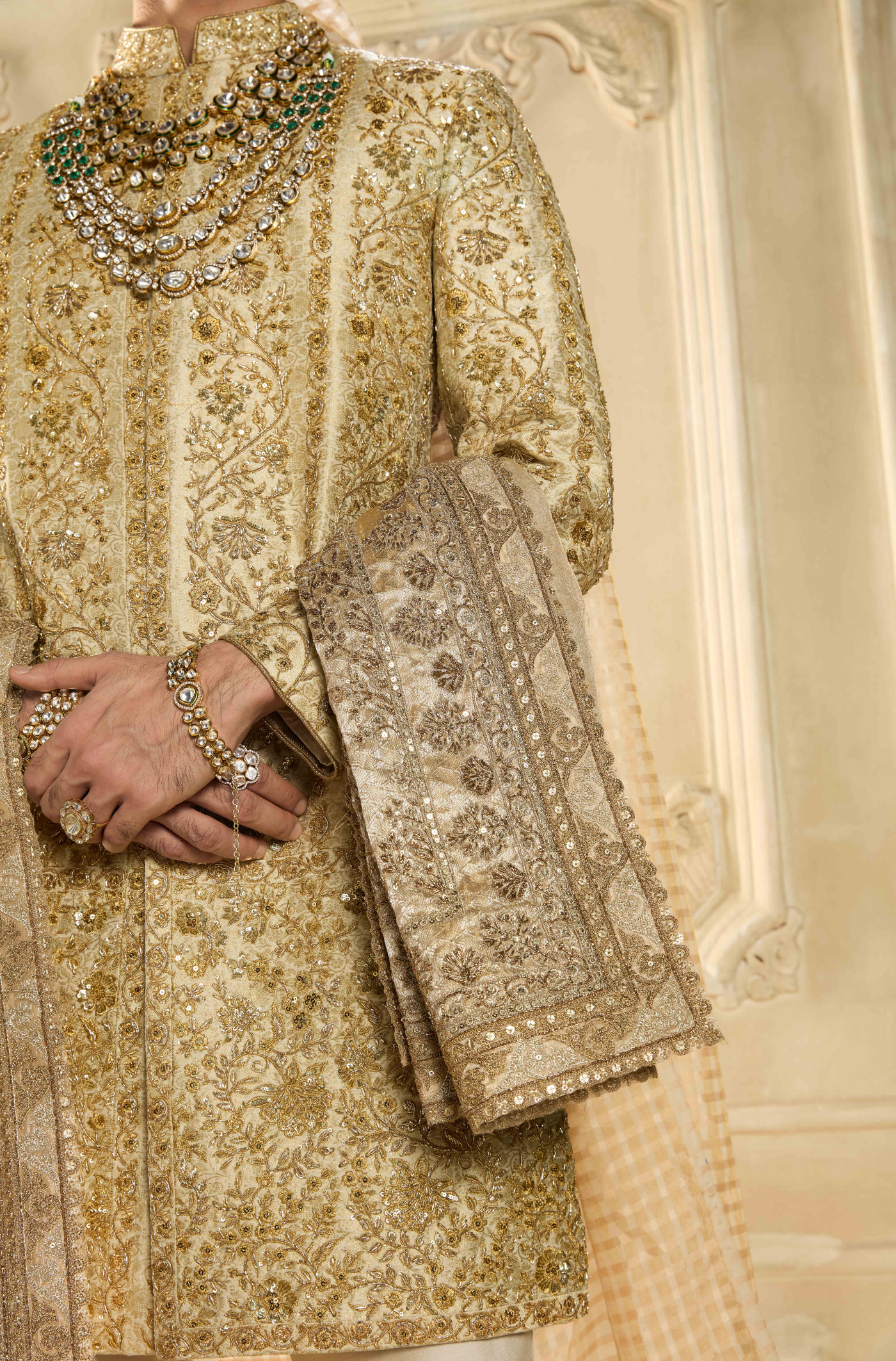 Light Gold Embroidered Brocade Sherwani Set