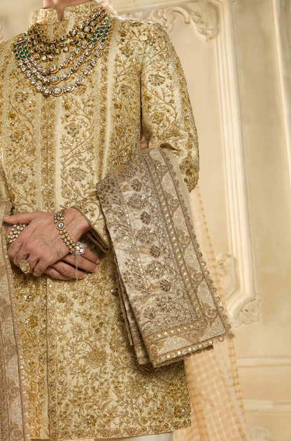 Light Gold Embroidered Brocade Sherwani Set