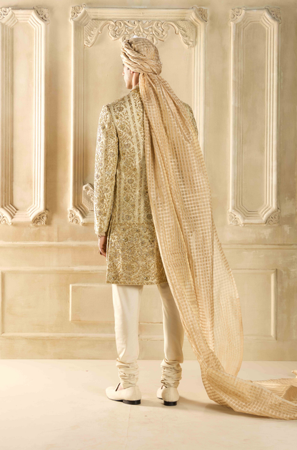 Light Gold Embroidered Brocade Sherwani Set