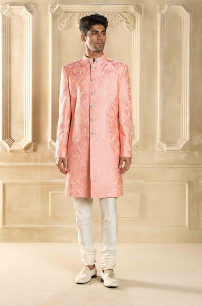 Peach Pink Embroidered Sherwani Set