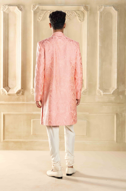 Peach Pink Embroidered Sherwani Set