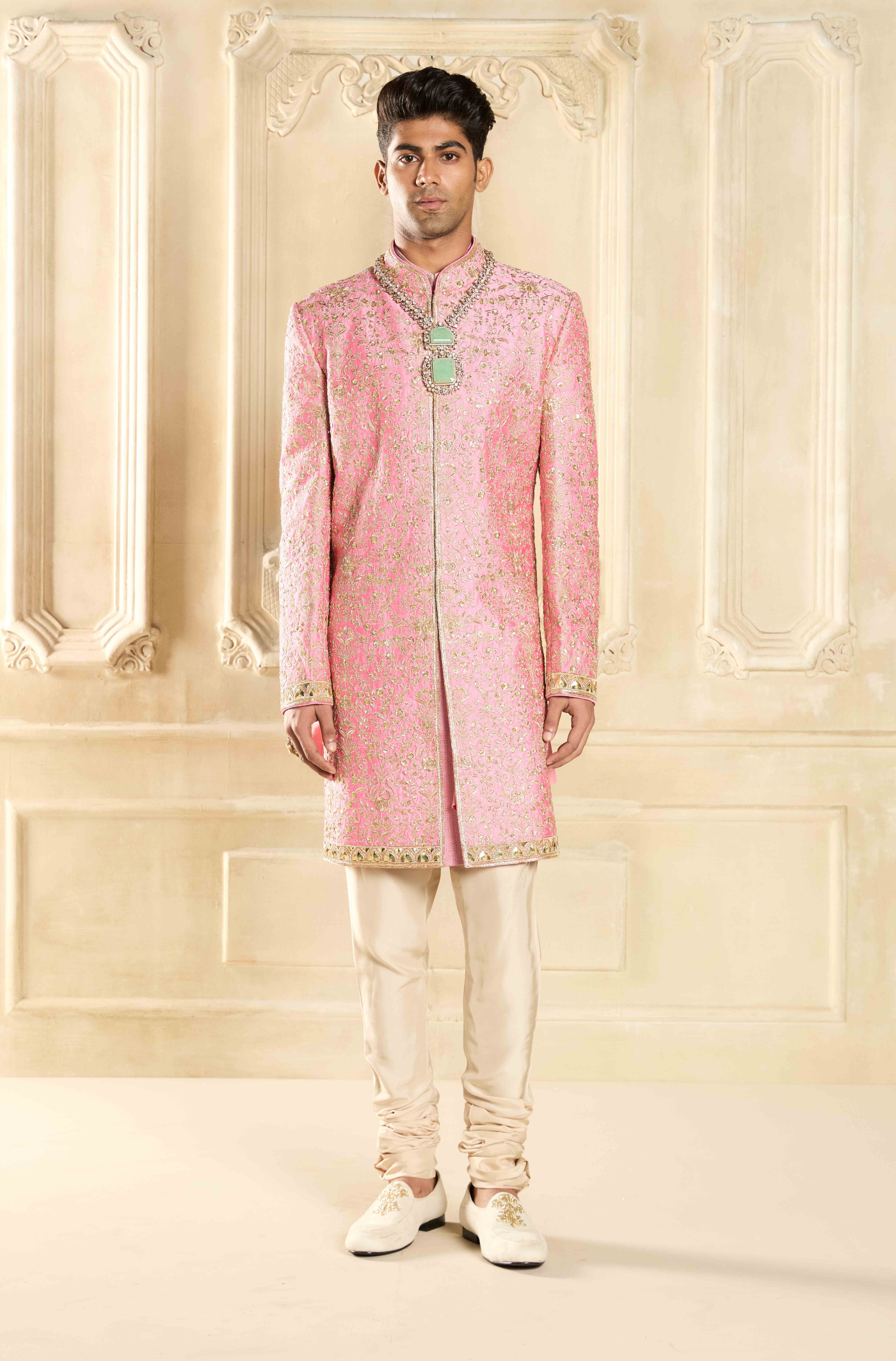 Flamingo Pink Silk Embroidered Sherwani Set