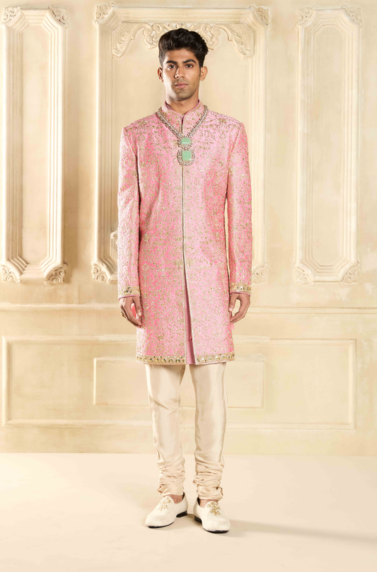 Flamingo Pink Silk Embroidered Sherwani Set