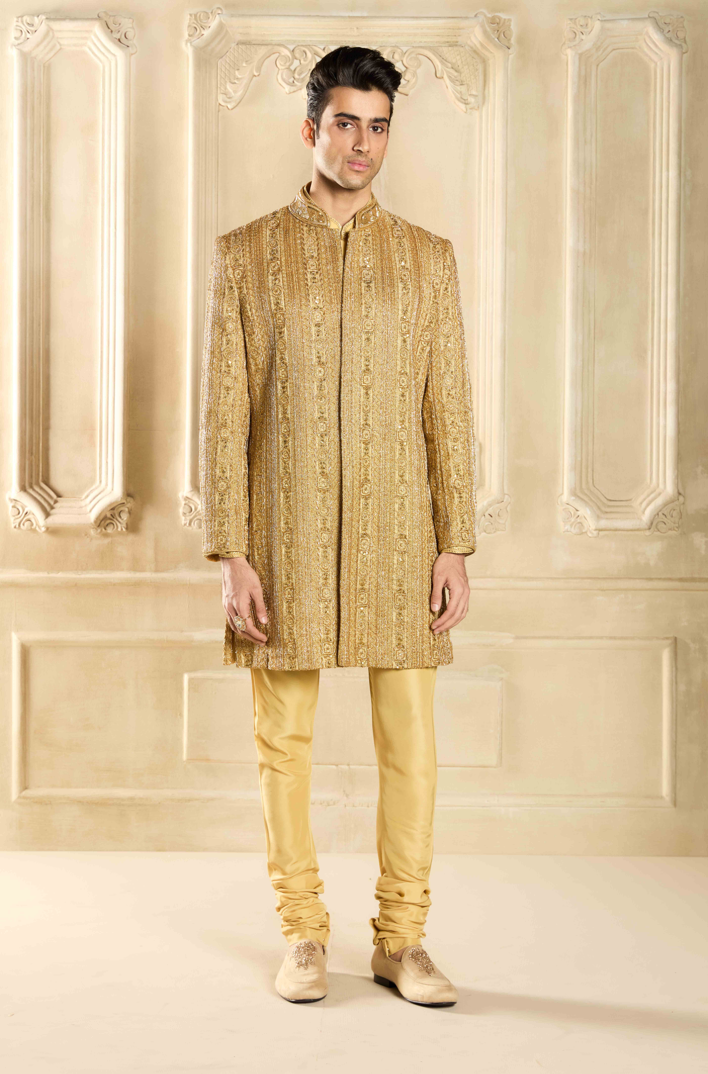 Radiant Gold Silk Embroidered Sherwani Set