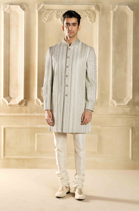 Silver Embroidered Silk Sherwani Set