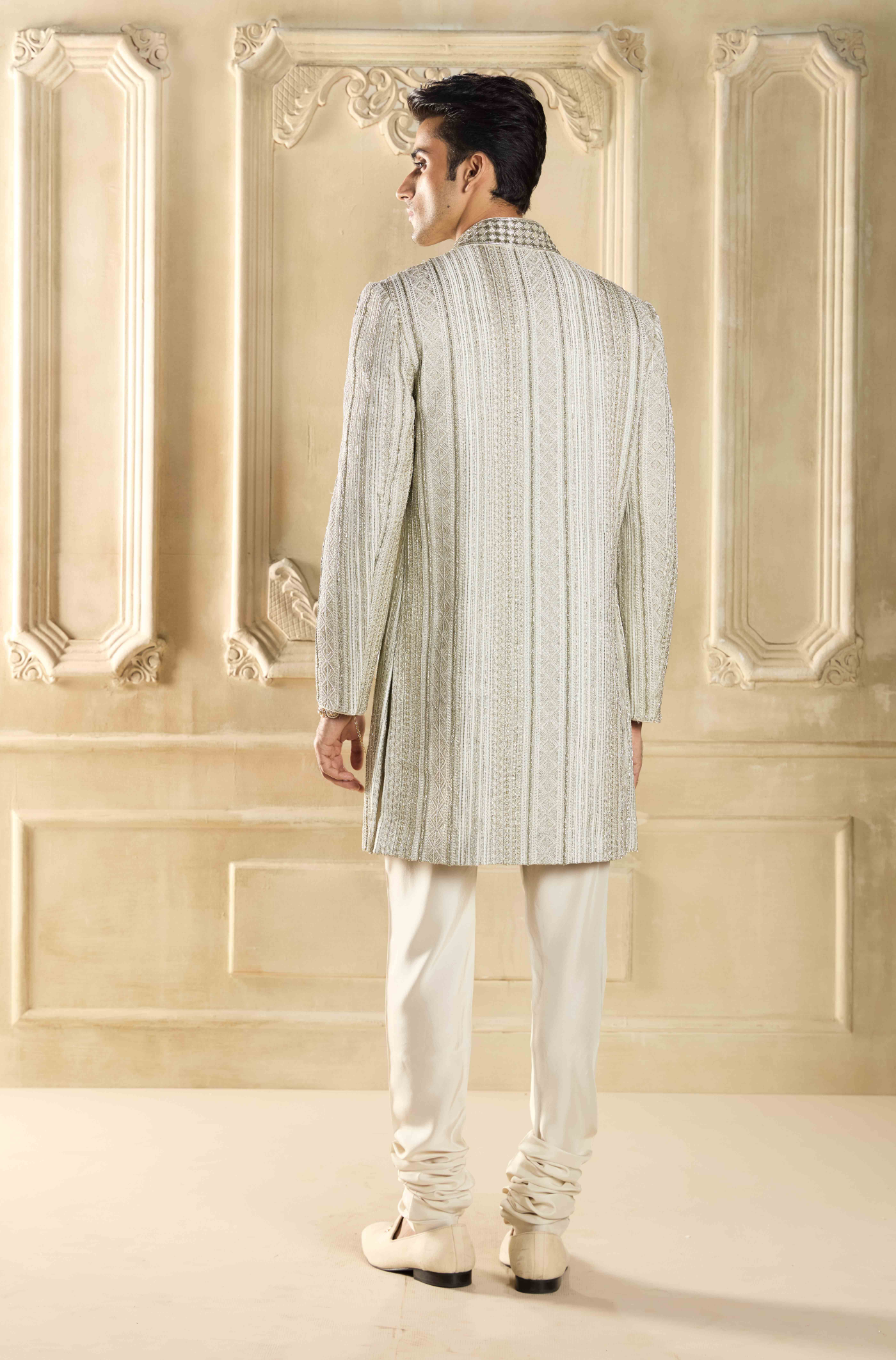 Silver Embroidered Silk Sherwani Set
