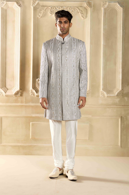 Silver Embroidered Silk Sherwani Set
