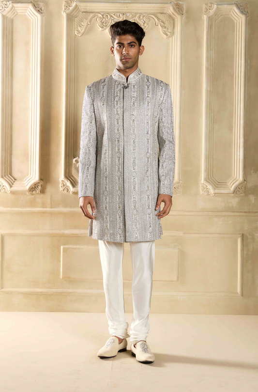 Silver Embroidered Silk Sherwani Set
