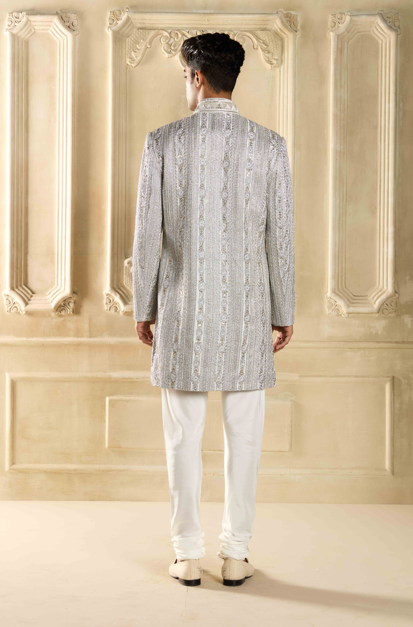 Silver Embroidered Silk Sherwani Set