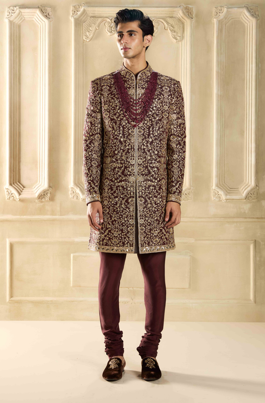 Maroon Embroidered Silk Sherwani Set