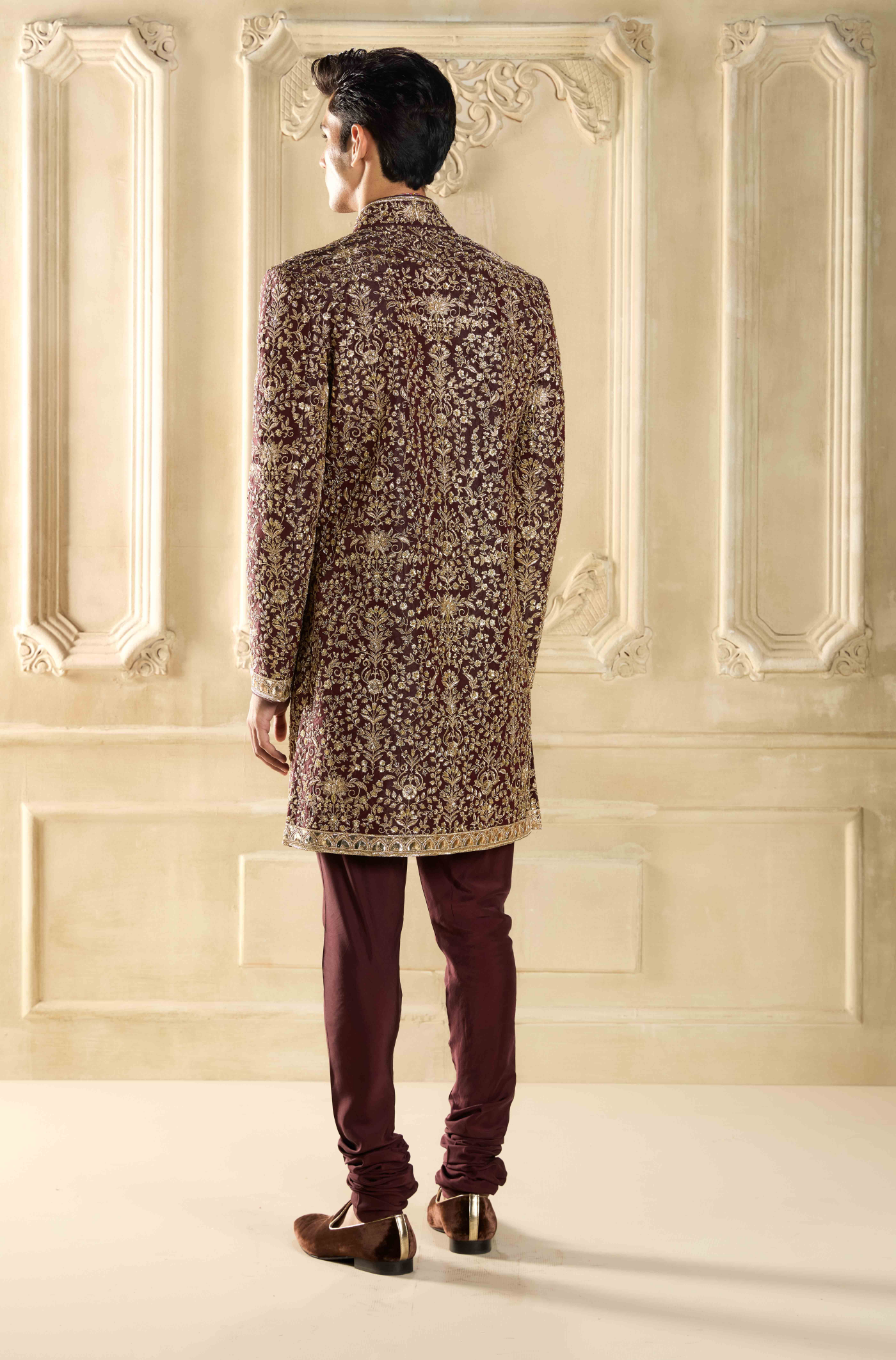 Maroon Embroidered Silk Sherwani Set
