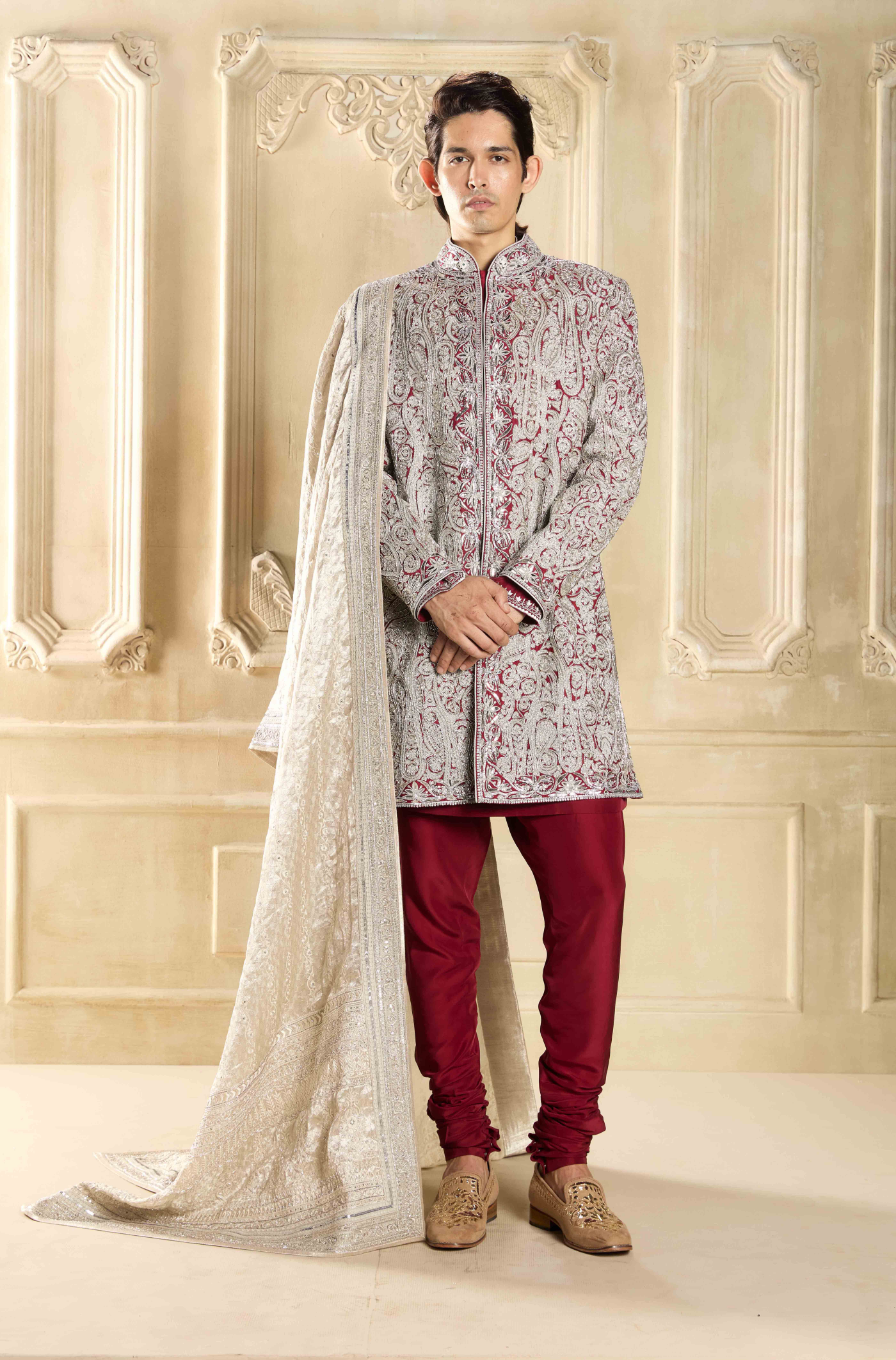 Maroon Embroidered Silk Sherwani Set