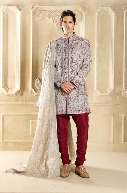 Maroon Embroidered Silk Sherwani Set