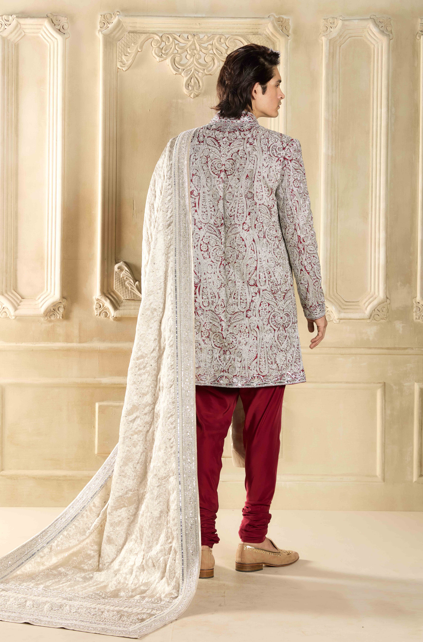 Maroon Embroidered Silk Sherwani Set