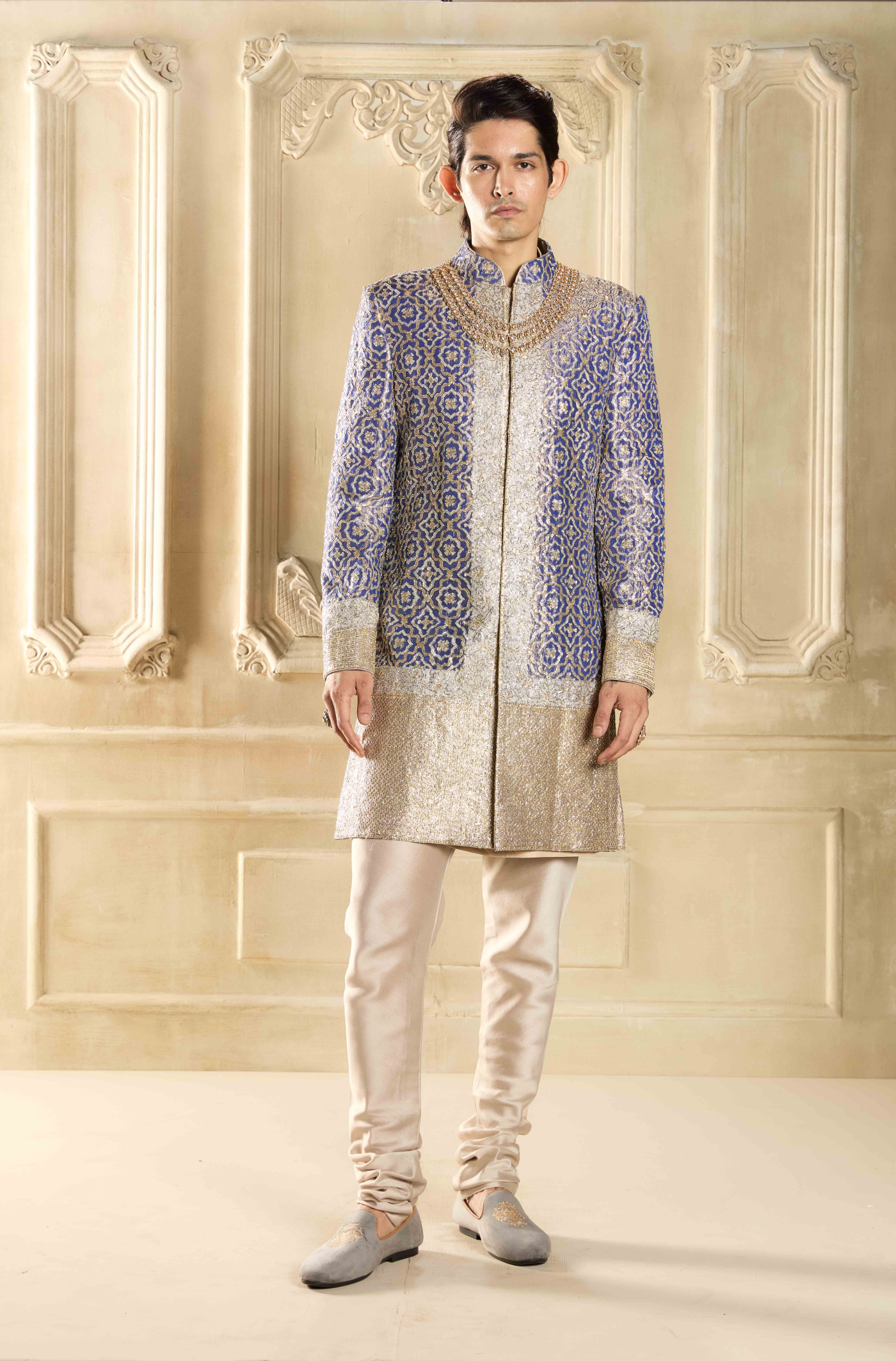 Purple Tissue Embroidered Sherwani Set