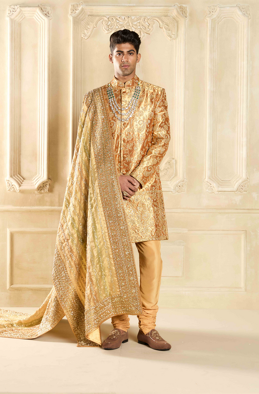 Gold Tissue Embroidered Sherwani Set