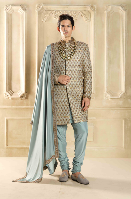 Light Gold Zari Handcrafted Sherwani Set