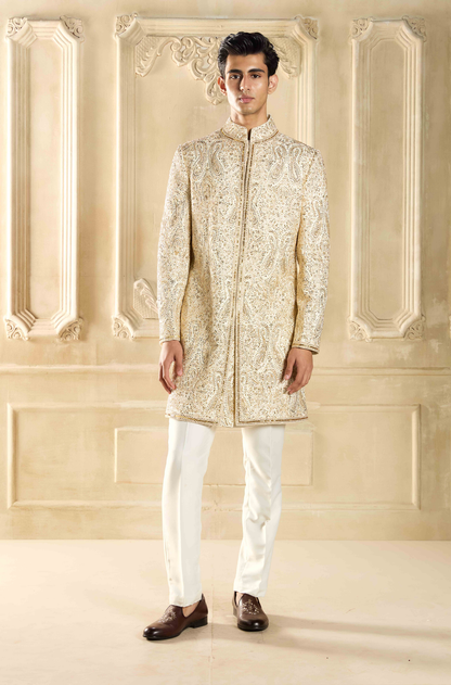 Ivory Chanderi Silk Sherwani Set