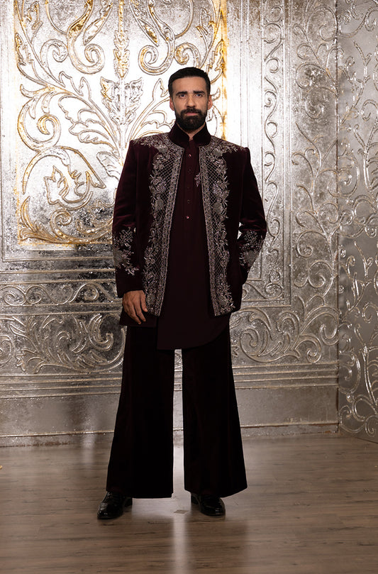 Avinash Tiwari in our Wine Velvet Embroidered Short Sherwani Set