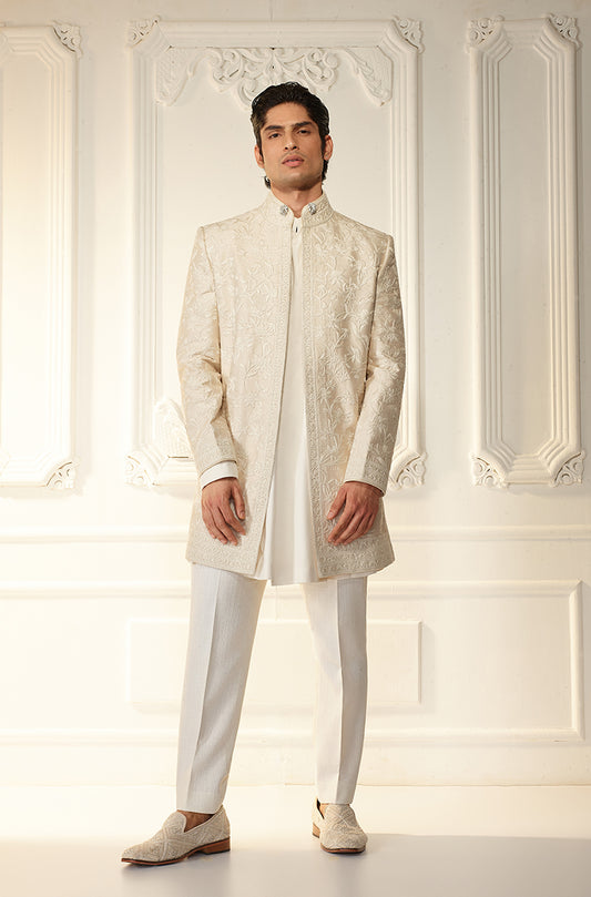 Beige Dori & Sequins Embroidered Sherwani Set