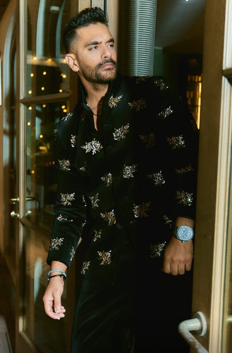 Angad Bedi in our Black Leaf Velvet Short Sherwani Set