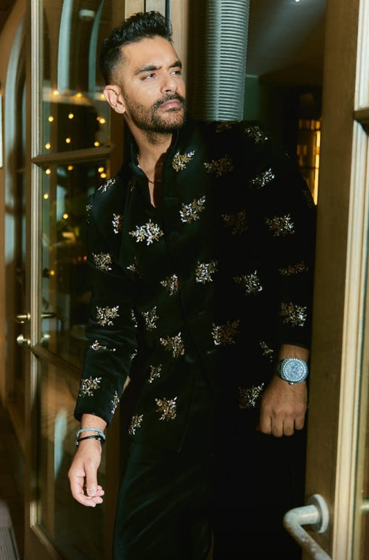 Angad Bedi in our Black Leaf Velvet Short Sherwani Set