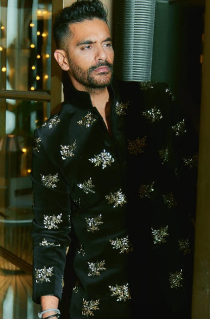 Angad Bedi in our Black Leaf Velvet Short Sherwani Set