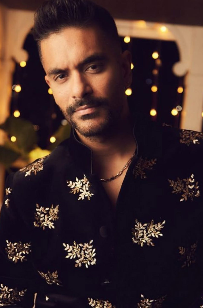 Angad Bedi in our Black Leaf Velvet Short Sherwani Set