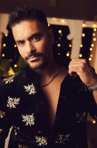 Angad Bedi in our Black Leaf Velvet Short Sherwani Set