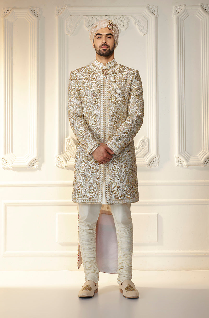 Ivory Zardozi Embroidered Sherwani Set