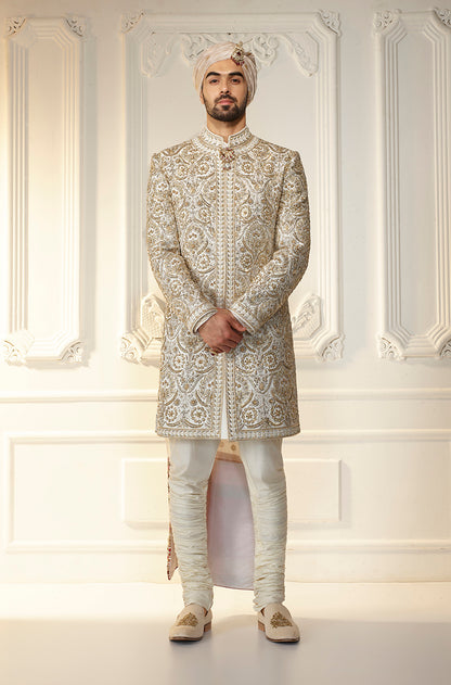 Ivory Zardozi Embroidered Sherwani Set