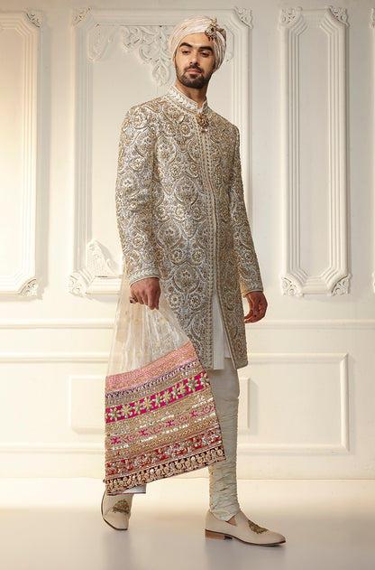 Ivory Zardozi Embroidered Sherwani Set