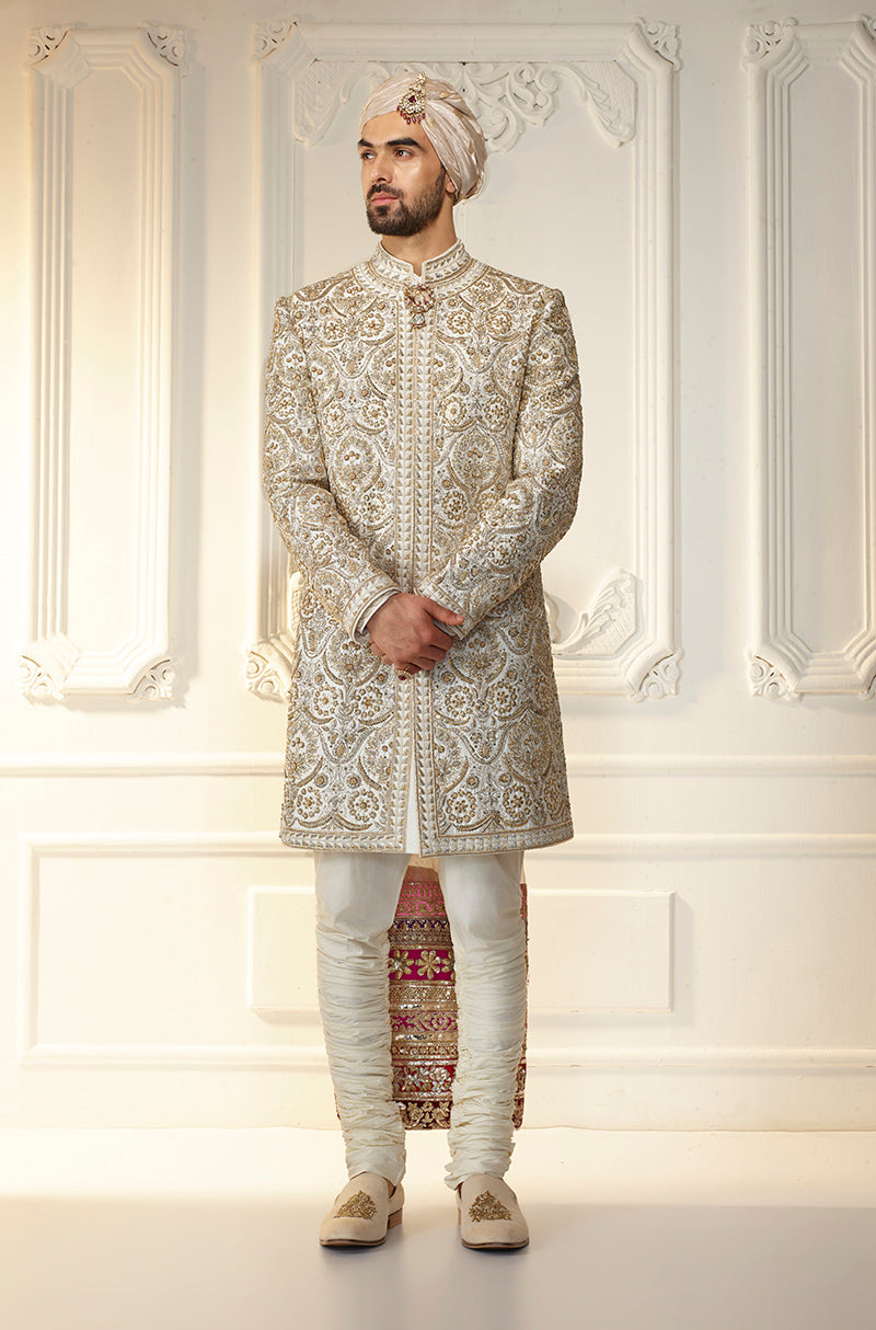 Ivory Zardozi Embroidered Sherwani Set